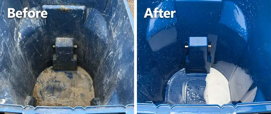 Before and after photos of trash bin cleaning services performed in Edwardsville, Illinois.